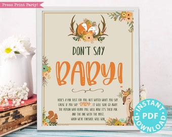 Woodland Baby Shower Don't Say Baby Sign Printable, Game Template, Baby Shower Activities, Rustic Forest Animals, Frame, INSTANT DOWNLOAD