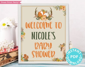 Woodland Baby Shower Welcome Sign Printable, With Editable Name, Custom Name Template, Rustic Forest Animals, Frame, INSTANT DOWNLOAD