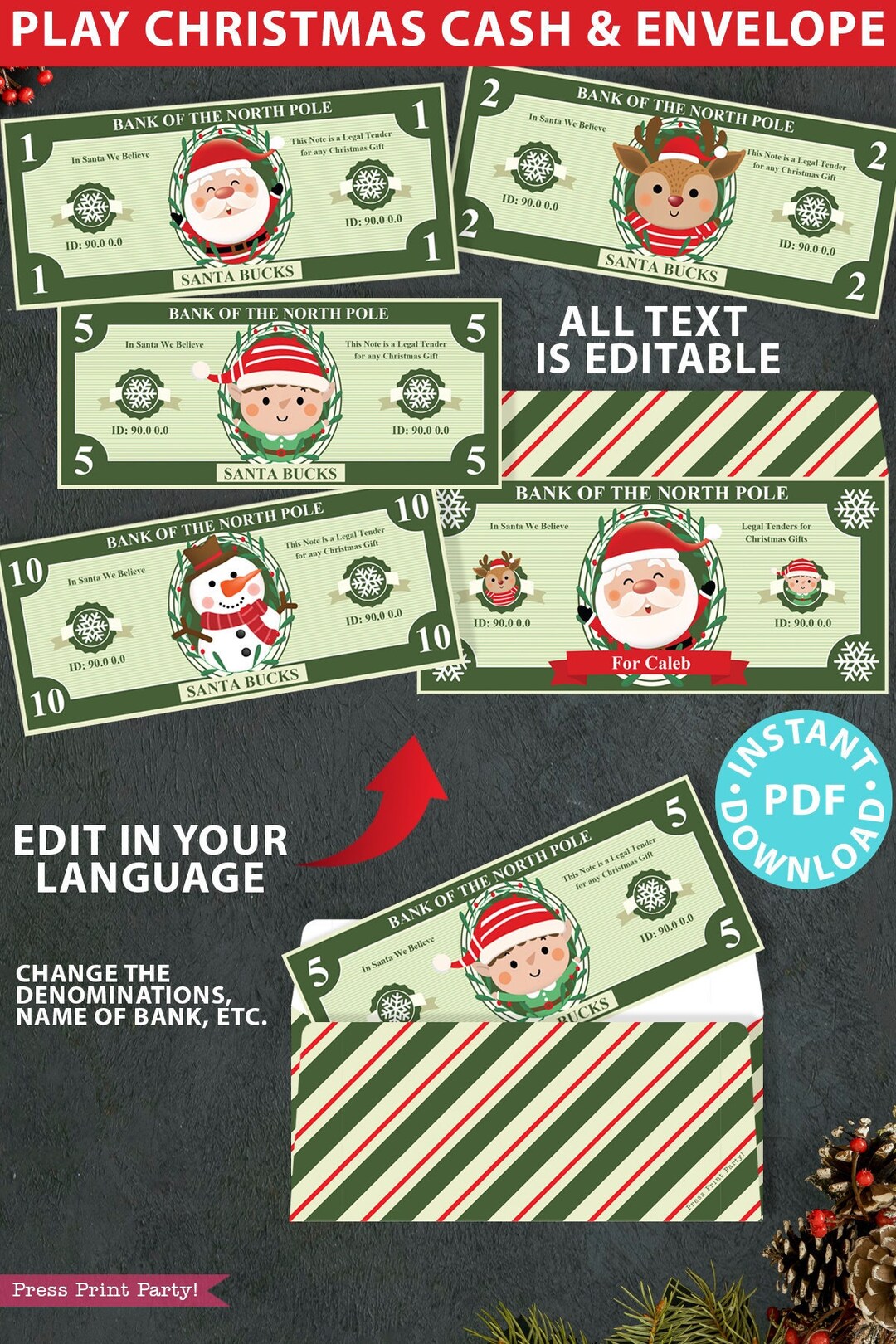 Kids Play Money and Cash Envelope Printable Christmas Money Envelope ...