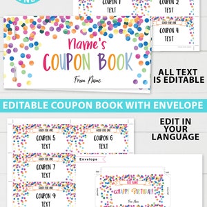 Printable Coupon Book Template, DIY Birthday Coupons Book, Custom Gift Idea, Confetti Editable Blank Coupon Book for Kids, INSTANT DOWNLOAD image 2