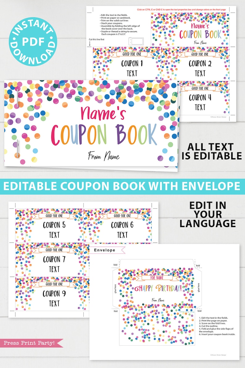 Printable Coupon Book Template, DIY Birthday Coupons Book, Custom Gift Idea, Confetti Editable Blank Coupon Book for Kids, INSTANT DOWNLOAD image 2