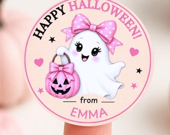 Pink Coquette Treat Bag Ghost Halloween Stickers, Round Avery Labels, Personalized Canva Template, Cute Printable, Digital Party Favor File