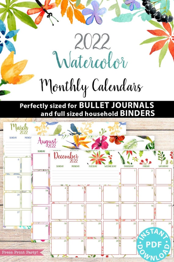 2021 2022 monthly calendar printable monthly planner template colorful watercolor designs bullet journal sunday instant download by press print party catch my party