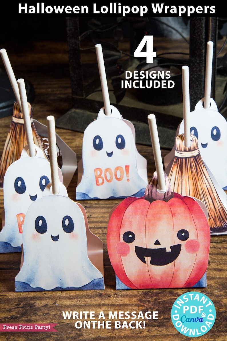 Halloween lollipop wrappers. ghost, pumpkin, broom. 4 designs included - tootsie pop, blow pop