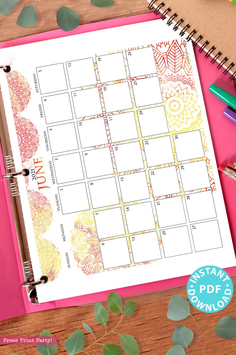 2021 Monthly Printable Calendar Template Watercolor
