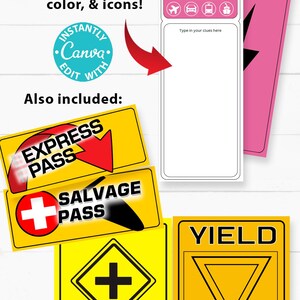 May include: Printable Amazing Race clue cards with customizable text, colours, and icons. The cards feature a variety of road signs, including a yield sign, an intersection sign, and an express pass sign. The cards are designed to be used in a scavenger hunt or other game.