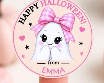 Pink Coquette Shy Ghost Halloween Stickers, Custom Trick or Treat Bag Gift Label Bundle, Round Avery Personalized Printable Label Sheets