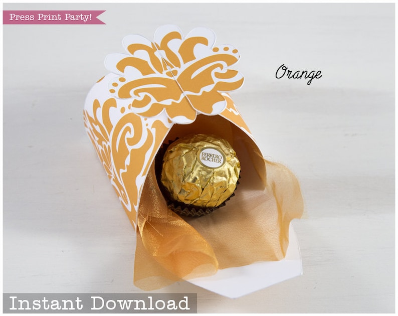 Party Supply INSTANT DOWNLOAD Bridal Shower Favor Flower Treat Box Printable Wedding Favor Box Gift Box Flower Favor Box Orange Damask