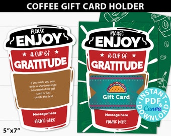 Teacher Appreciation Gift Coffee Card Holder, Teacher Thank You Card, Teacher Gift, Gifts for teacher, Enjoy Cup Gratitude, INSTANT DOWNLOAD
