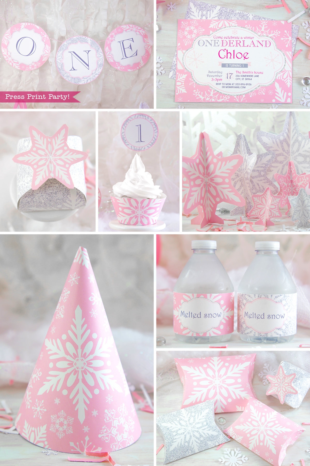 Winter ONEderland verjaardagsdecoratie afdrukbaar pakket roze en