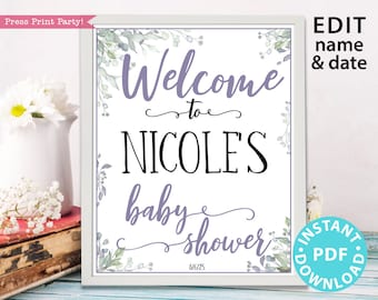Welcome to Baby Shower Sign Printable, w. Editable Name, Custom Name Baby Shower Template, Greenery & Purple, Frame, Girl, INSTANT DOWNLOAD