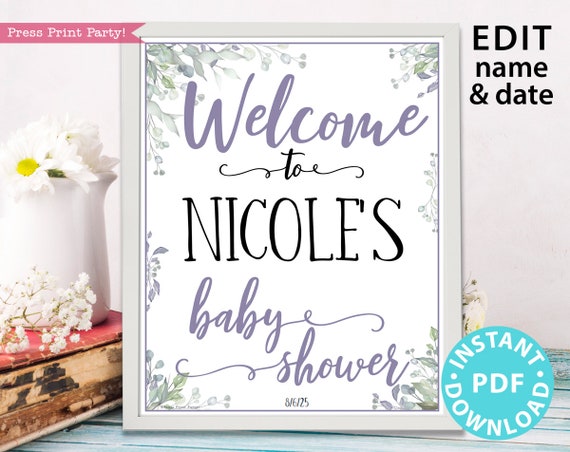 Welcome to Baby Shower Sign Printable, w. Editable Name, Custom Name Baby Shower Template, Greenery & Purple, Frame, Girl, INSTANT DOWNLOAD Il_570xn