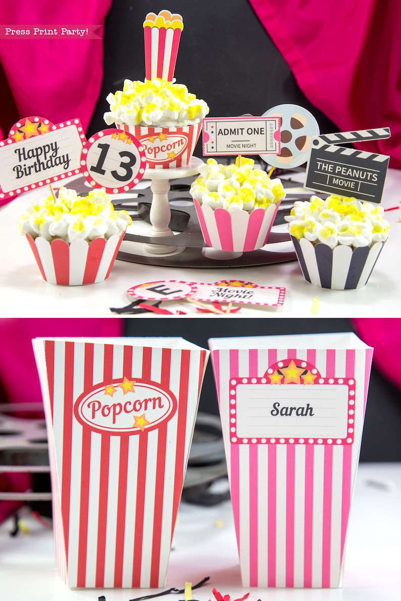 May include: A set of movie-themed cupcake toppers and popcorn boxes. The toppers feature a popcorn bucket, a movie ticket, a film reel, and a sign that says "The Peanuts Movie". The popcorn boxes are red and white striped with a popcorn design and a pink and white striped box with the name "Sarah" on it.