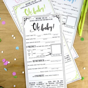 May include: A printable baby shower game card with the text "Oh baby!" and instructions for guests to leave a note for the mom-to-be. The card includes prompts for guests to predict the baby's appearance and share their favorite thing about babies.
