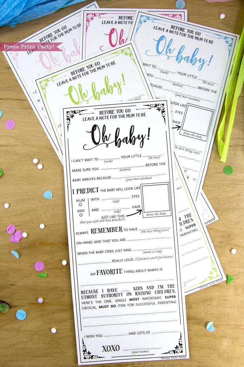 May include: A printable baby shower game card with the text "Oh baby!" and instructions for guests to leave a note for the mom-to-be. The card includes prompts for guests to predict the baby's appearance and share their favorite thing about babies.
