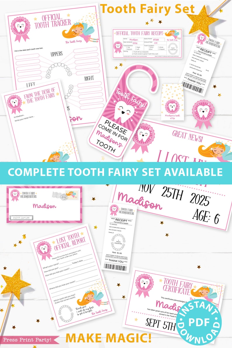 May include: A pink and white tooth fairy set with a tooth tracker, receipt, certificate, and lost tooth report. The set includes the name "Madison" and the date "Nov 25th 2025".