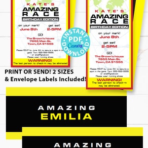 Editable Amazing Race clue cards and invitation with labels. Make your own Amazing Race Party Challenges