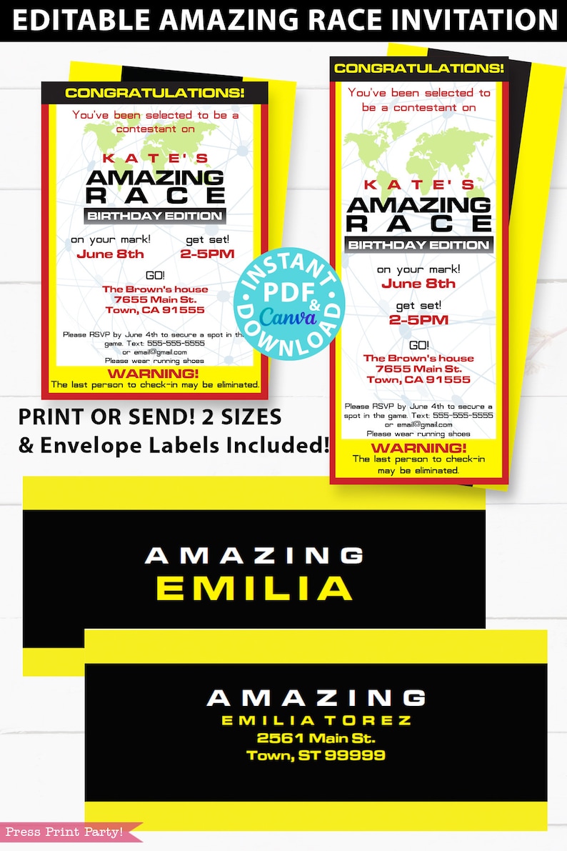 Editable Amazing Race clue cards and invitation with labels. Make your own Amazing Race Party Challenges