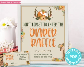 Woodland Theme Diaper Raffle Tickets & Sign Printable, Baby Shower Game Template,  Activities, Rustic Forest Animals, Frame INSTANT DOWNLOAD