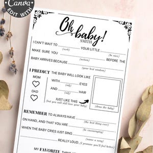Bewerkbare grappige ouders worden advieskaart, afdrukbaar babyshowerspel Mad Libs, genderneutraal Oh Baby voorspelling aandenken, rustiek boho-thema