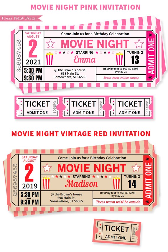 movie ticket invitation and decorations printable set red etsy