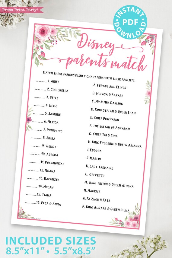 Disney Parents Match Baby Shower Game Printable,Pink Flowers Baby Shower Game Template, Funny Baby Shower Activities, Girl, INSTANT DOWNLOAD Il_570xn
