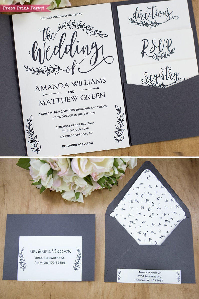 Rustic Wedding Invitation Bundle, Boho Wedding Printable Template, Table Numbers, Menu, Rustic, Pocket, Black, Kraft, Leaf, INSTANT DOWNLOAD image 2