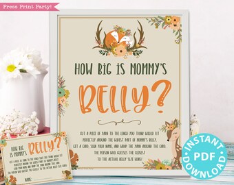 Woodland Theme How Big is Mommy's Belly Sign Printable, Baby Shower Game Template, Activities, Frame, Forest Animals, Fox, INSTANT DOWNLOAD