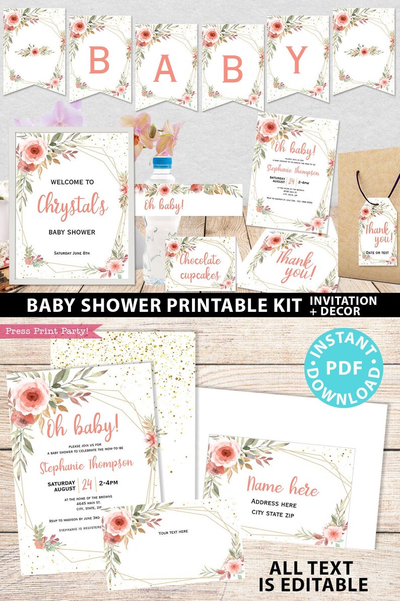 Baby Shower Printable Decoration Kit, Girl Baby Shower Template Bundle, Blush Peach Floral Baby girl decor, Oh Baby, INSTANT DOWNLOAD image 1