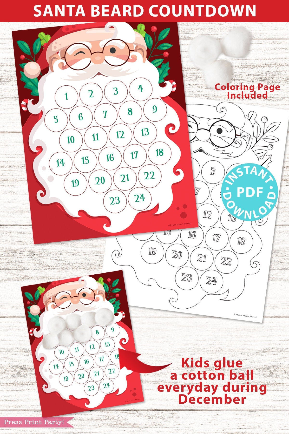 Santa Beard Countdown to Christmas Printable, Christmas Advent…