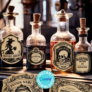 Fully editable apothecary labels for custom potion labels,vintage herb labels ingredient labels tincture labels, kitchen labels for containers, Halloween printable stickers witch. Harry Potter. Wizard party, Halloween party decor. Press Print Party!