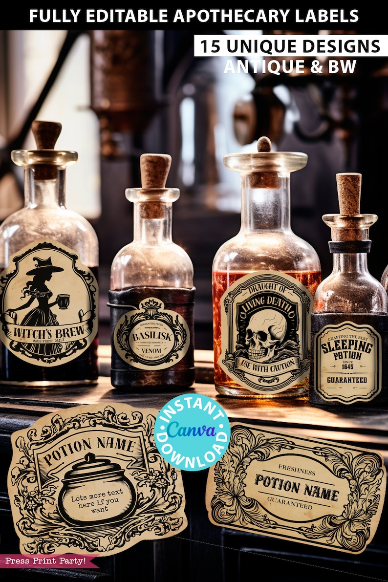 Fully editable apothecary labels for custom potion labels,vintage herb labels ingredient labels tincture labels, kitchen labels for containers, Halloween printable stickers witch. Harry Potter. Wizard party, Halloween party decor. Press Print Party!