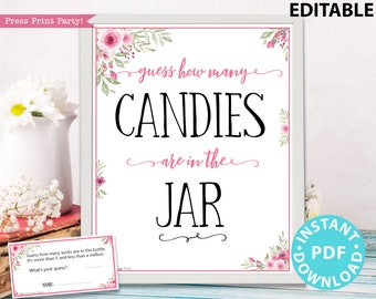 Guess How Many Game Sign Printable, w Editable Text for Items & Container, Baby Shower Game Template, Pink Flowers, Frame, INSTANT DOWNLOAD