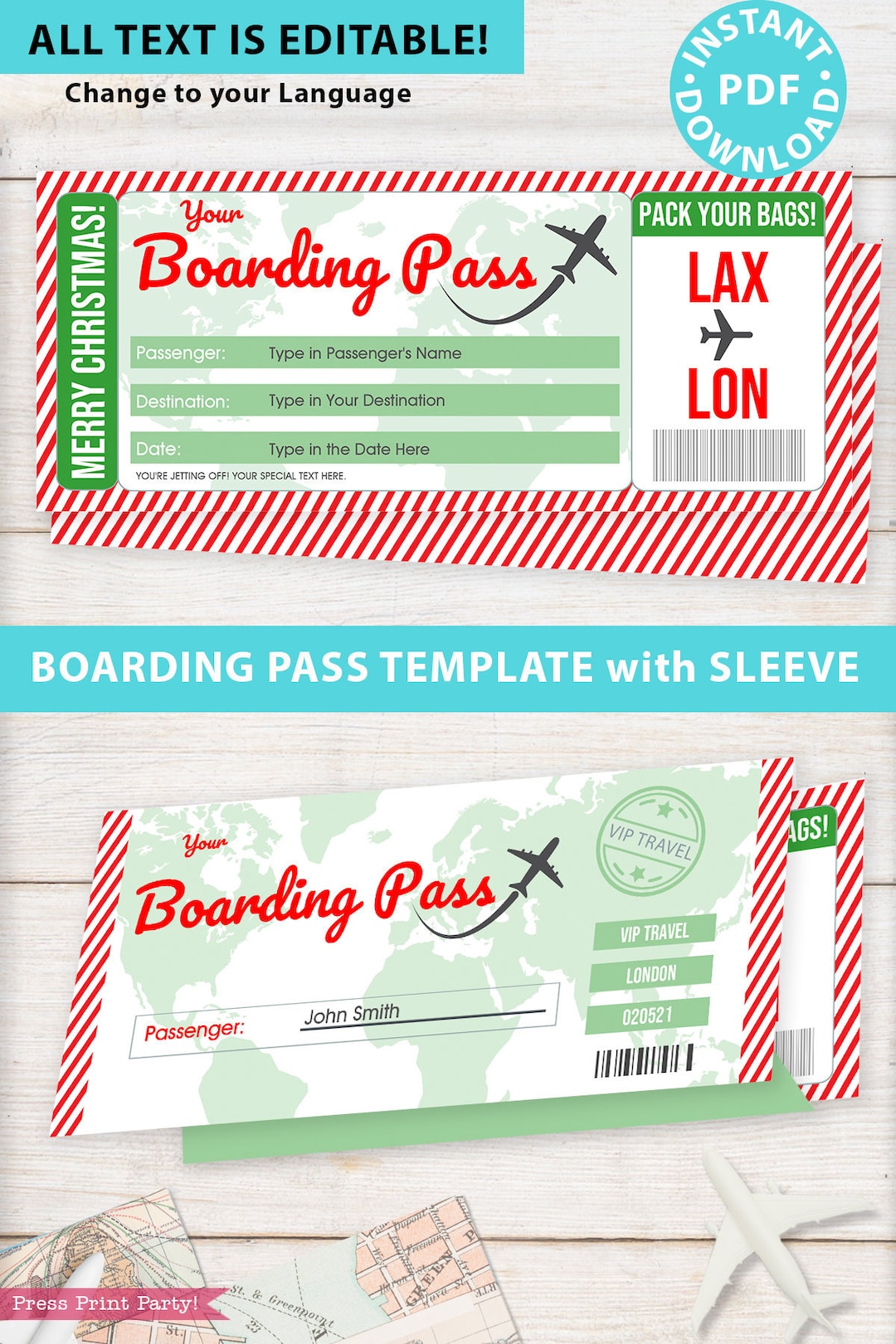 Boarding Pass Template W. Holder Editable Text Printable, Christmas Gift Surprise Trip Voucher Airline Ticket, Green Red, INSTANT DOWNLOAD - Etsy boarding-pass-template-w-holder-editable-text-printable-christmas-gift-surprise-trip-voucher-airline-ticket-green-red-instant-download-etsy