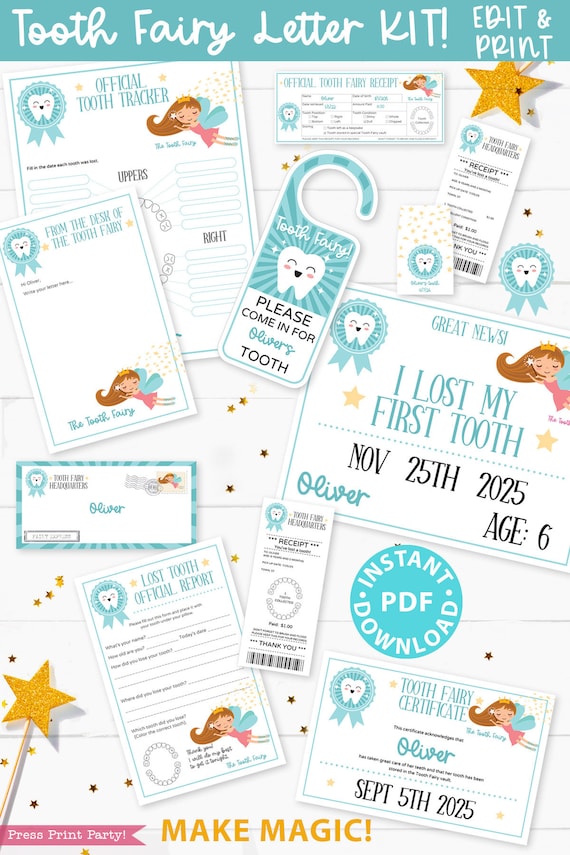 editable tooth fairy letter printable kit receipts boy blue certificate baby teeth chart lost tooth fairy envelope instant download by press print party catch my party