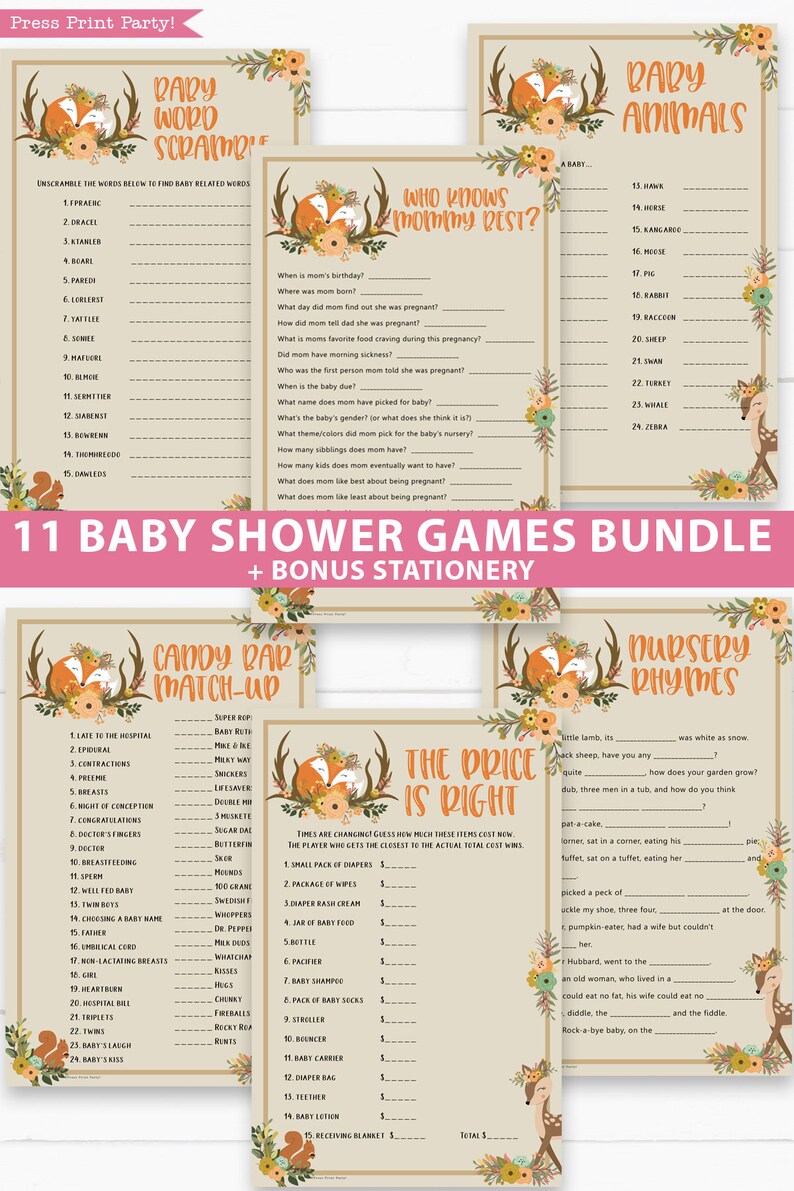 Woodland Baby Shower Game Bundle Printable, Forest Animals Baby Shower Games Bundle, Woodland Animals Theme, Girl, Boy, INSTANT DOWNLOAD image 3