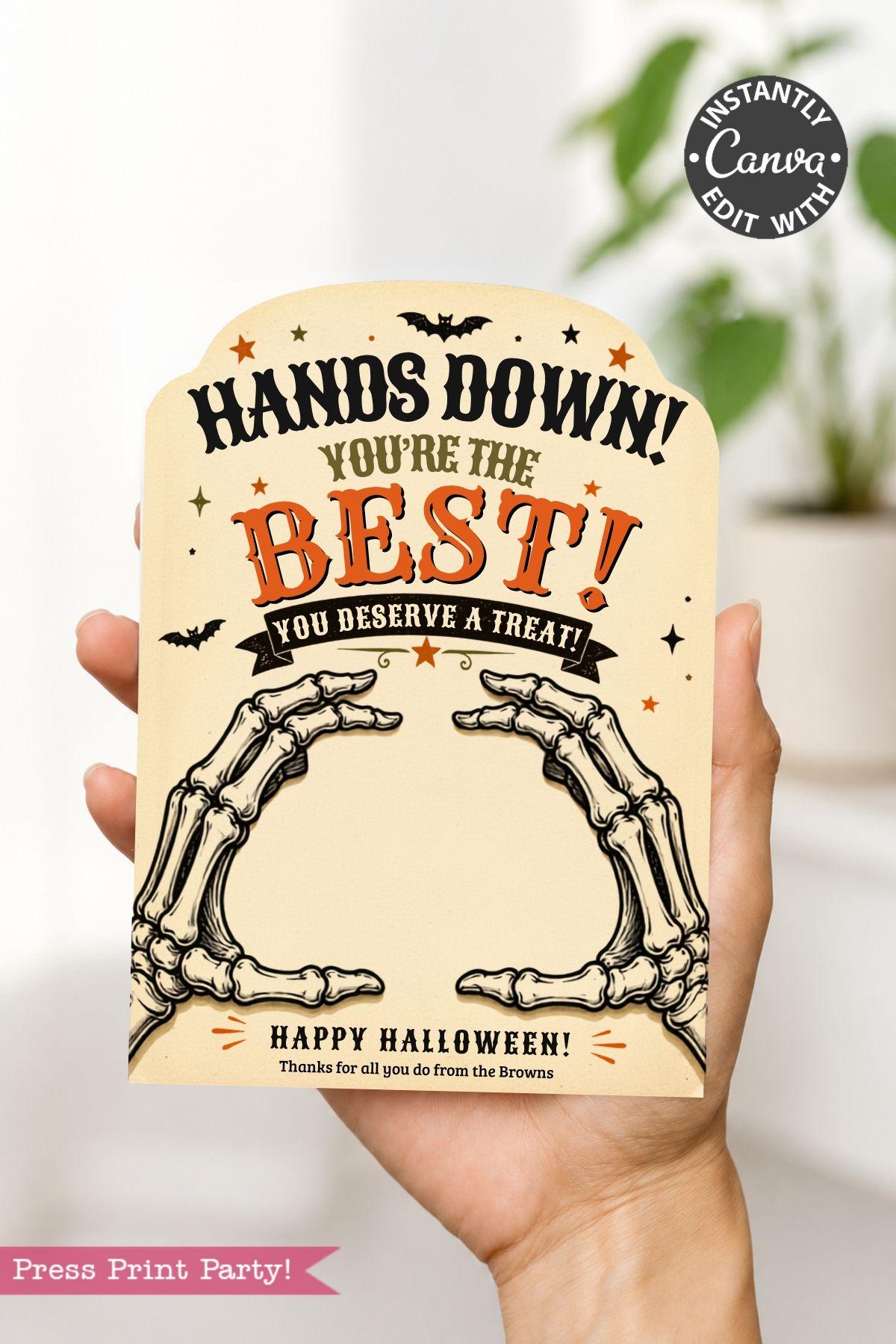 Vintage Skeleton Hands Gift Card Holder, Editable Canva 5x7 Halloween Printable Template, Spooky Appreciation Treat, Retro Thank You Present