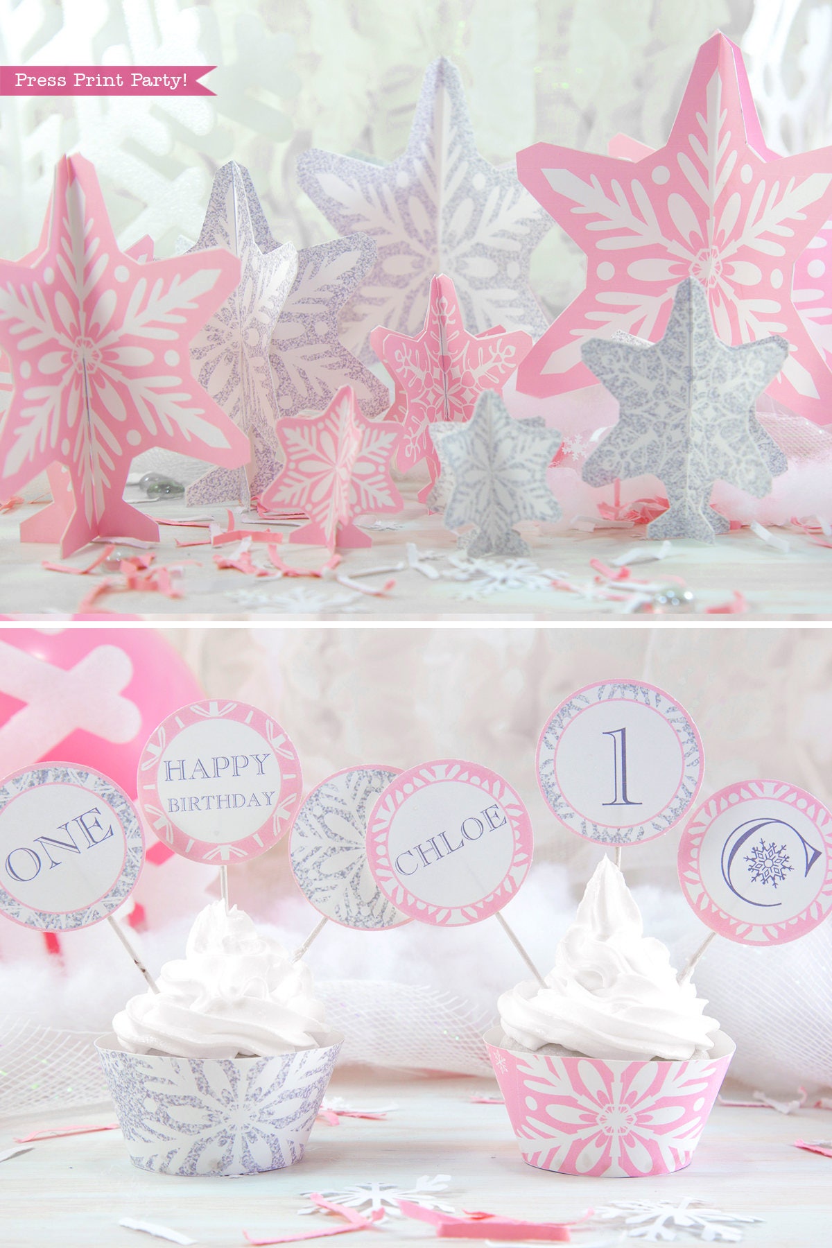 Onederland Snowflake Winter 1st Birthday Favor Stickers (Pink) –  Distinctivs Party