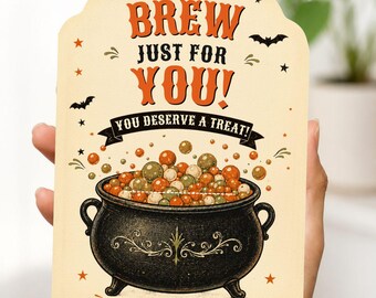 Vintage Halloween Brew Gift Card Holder, Editable Canva 5x7 Printable Template, Teacher Appreciation Treat, Retro Cauldron Thank You Present