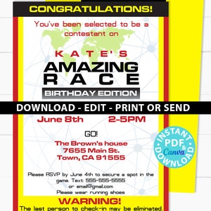 The Amazing Race Party Invitation Printable, Editable, Route Marker, envelope labels, 2 sizes, Print or Send Digitally, INSTANT DOWNLOAD image 8