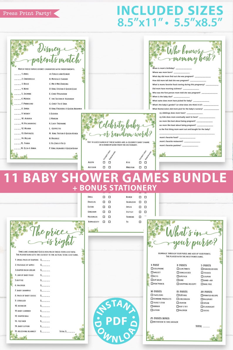 Eucalyptus Baby Shower Games Bundle Printable, Games Pack, Unique Baby Shower Games, Funny Activities, Girl, Boy, Bingo, INSTANT DOWNLOAD image 3