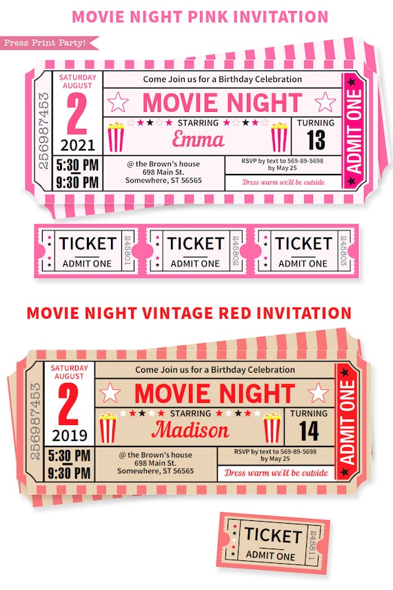 Movie Night Invitation Printables PINK Movie Ticket Stub - Etsy
