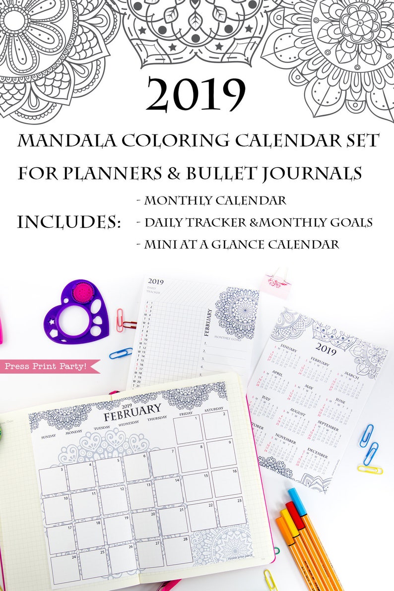 2019 Calendar Printable Fixed, Mandala Coloring Calendar, Bullet Magazine Planners, BUJO Monthy Planner and Each day Tracker, Instantaneous Down load graphic about Printable Coloring Calendar called 2019 Calendar Printable Mounted, Mandala Coloring Calendar, Bullet Magazine Planners, BUJO Monthy Planner and Day by day Tracker, Immediate Obtain