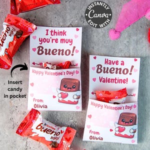 May include: Valentine's Day candy gift set with red and white Kinder Bueno Mini chocolate bars and printable cards. The cards feature a cartoon chocolate bar character with hearts and the phrases "I think you're muy Bueno!" and "Have a Bueno Valentine!"