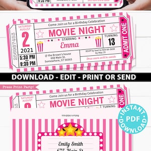 May include: Pink and white printable movie ticket invitation with a pink and white striped background. The ticket says "Movie Night" with a star and popcorn graphic. The text says "Come join us for a birthday celebration" and "RSVP by text to 569-89-5698 by May 25".