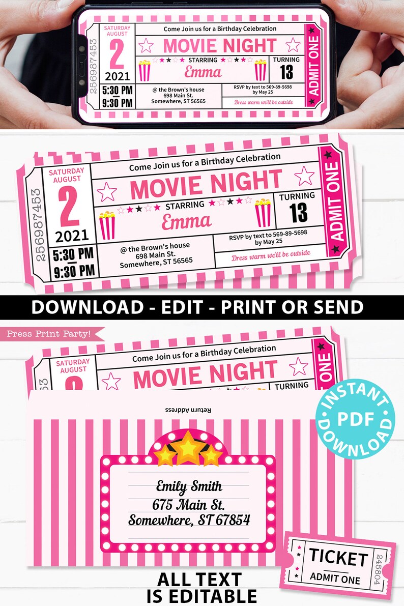 May include: Pink and white printable movie ticket invitation with a pink and white striped background. The ticket says "Movie Night" with a star and popcorn graphic. The text says "Come join us for a birthday celebration" and "RSVP by text to 569-89-5698 by May 25".