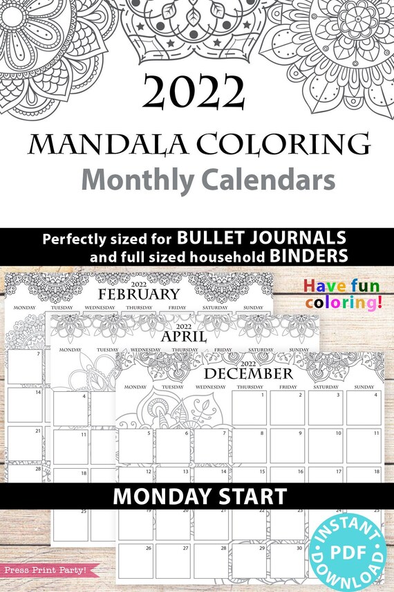 monday start 2021 2022 monthly calendar printable monthly planner template mandala coloring pages bullet journal instant download by press print party catch my party
