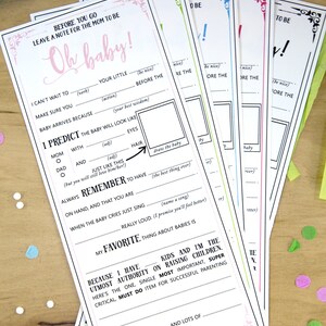 May include: A printable baby shower game card with the text "Oh baby!" in pink. The card has a fill-in-the-blank game for guests to predict the baby's features and personality. The card also includes a section for guests to write their favorite thing about babies.