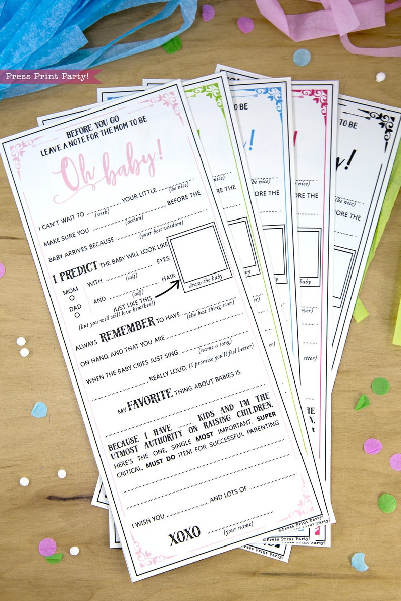 May include: A printable baby shower game card with the text "Oh baby!" in pink. The card has a fill-in-the-blank game for guests to predict the baby's features and personality. The card also includes a section for guests to write their favorite thing about babies.