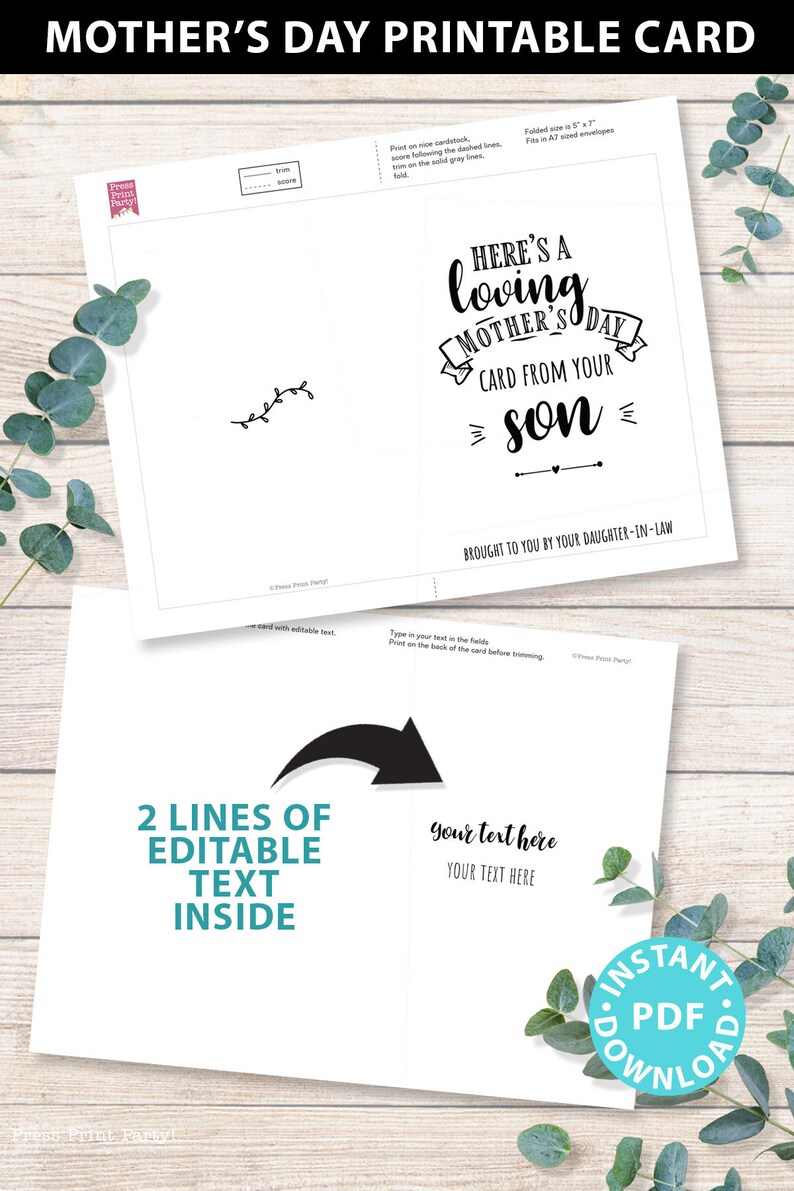 May include: Printable Mother's Day card with a black and white design. The card features the text "Here's a loving Mother's Day card from your son" and "Brought to you by your daughter-in-law". The card has two lines of editable text inside.